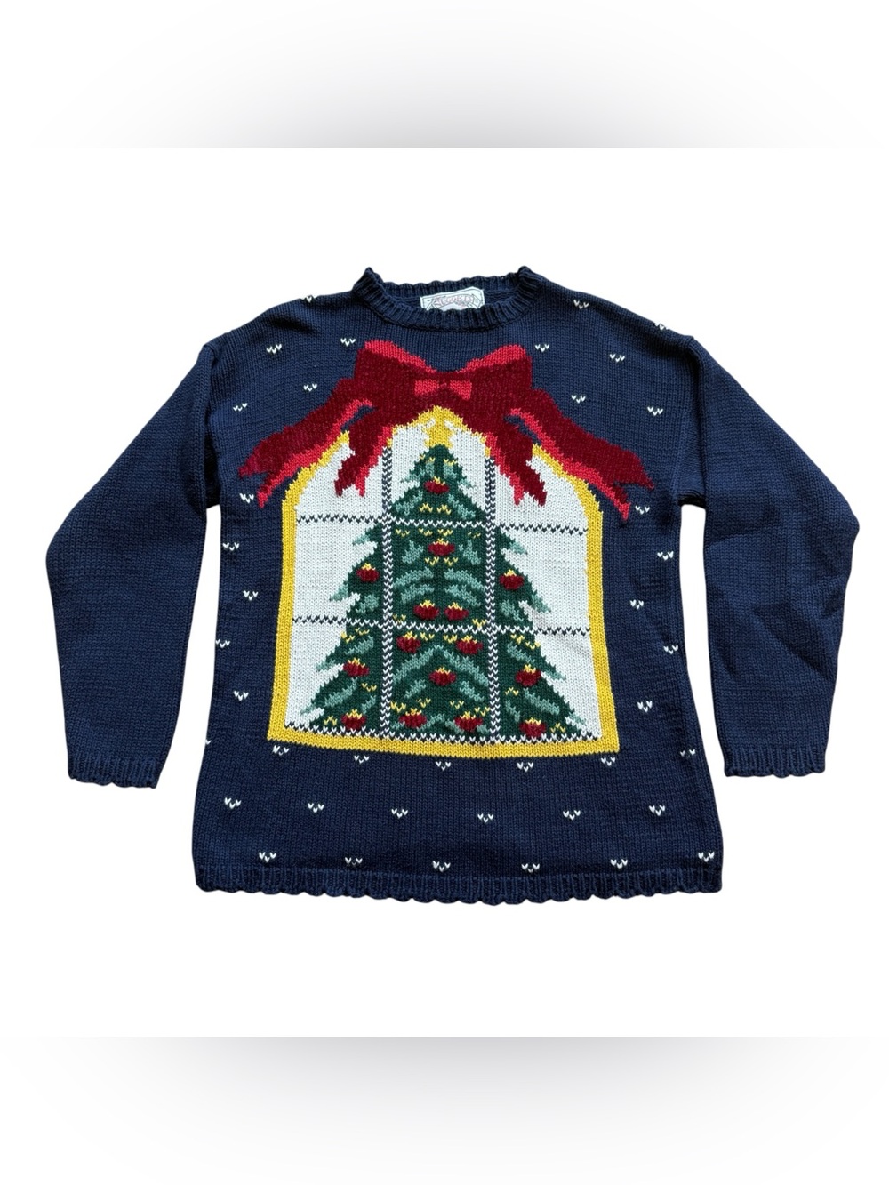 Vintage 90s Nuggets Christmas Tree Sweater M Navy Bow Cottagecore Holiday Knit